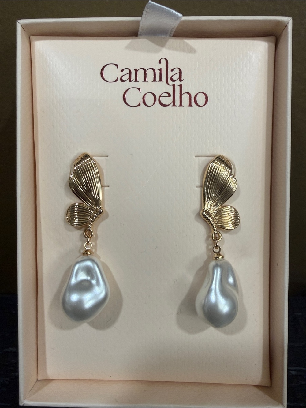 Camila Coelho Gold Shell & Pearl Drop Earrings - Ivory Pearlescent